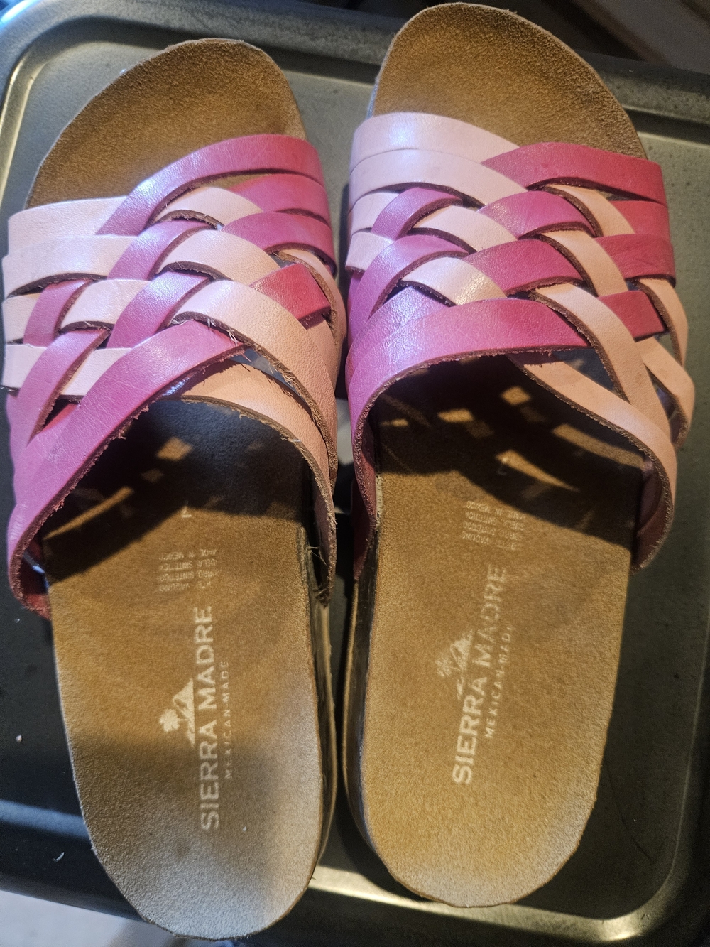 LA made Pink & Light Pink Woven Leather Slide Sandals